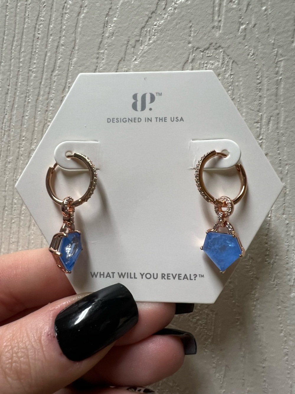 Rose Gold Hoop Earrings with Blue Crystal Drops
